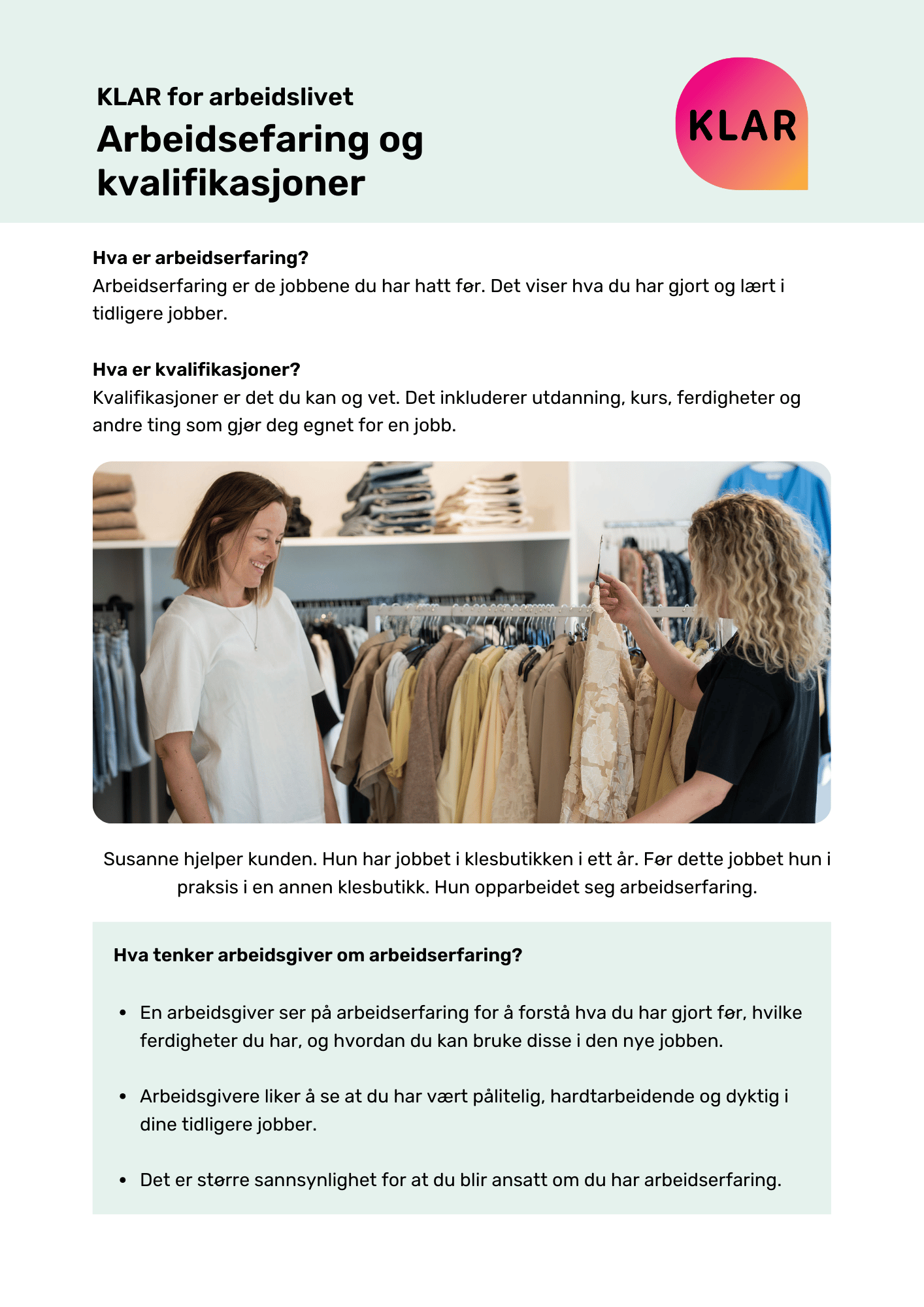 KLAR for arbeidslivet - Arbeidserfaring og kvalifikasjoner